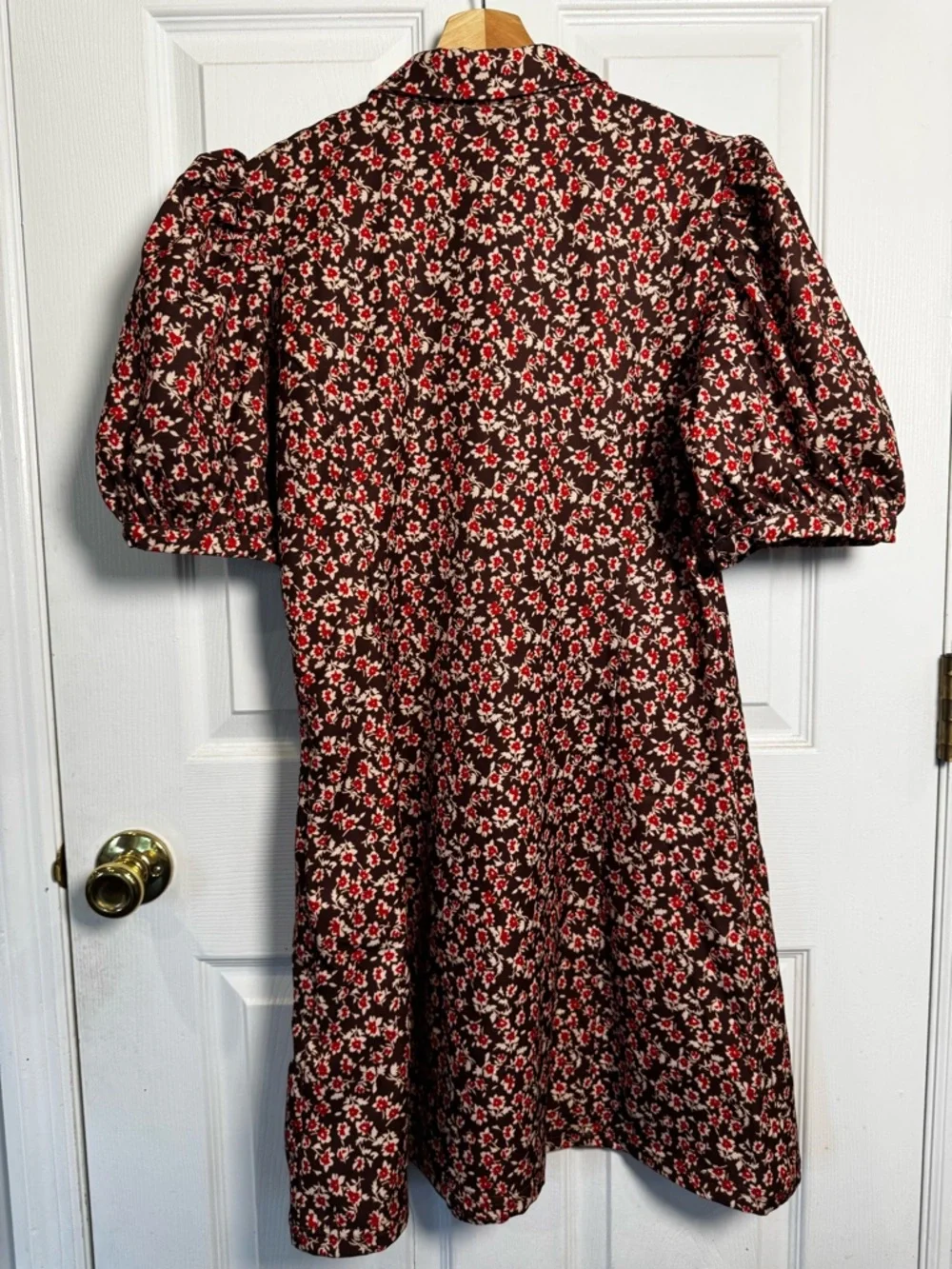 Hyacinth House Tuckernuck Floral Puff Sleeve Mini Dress Brown Red Collared Large